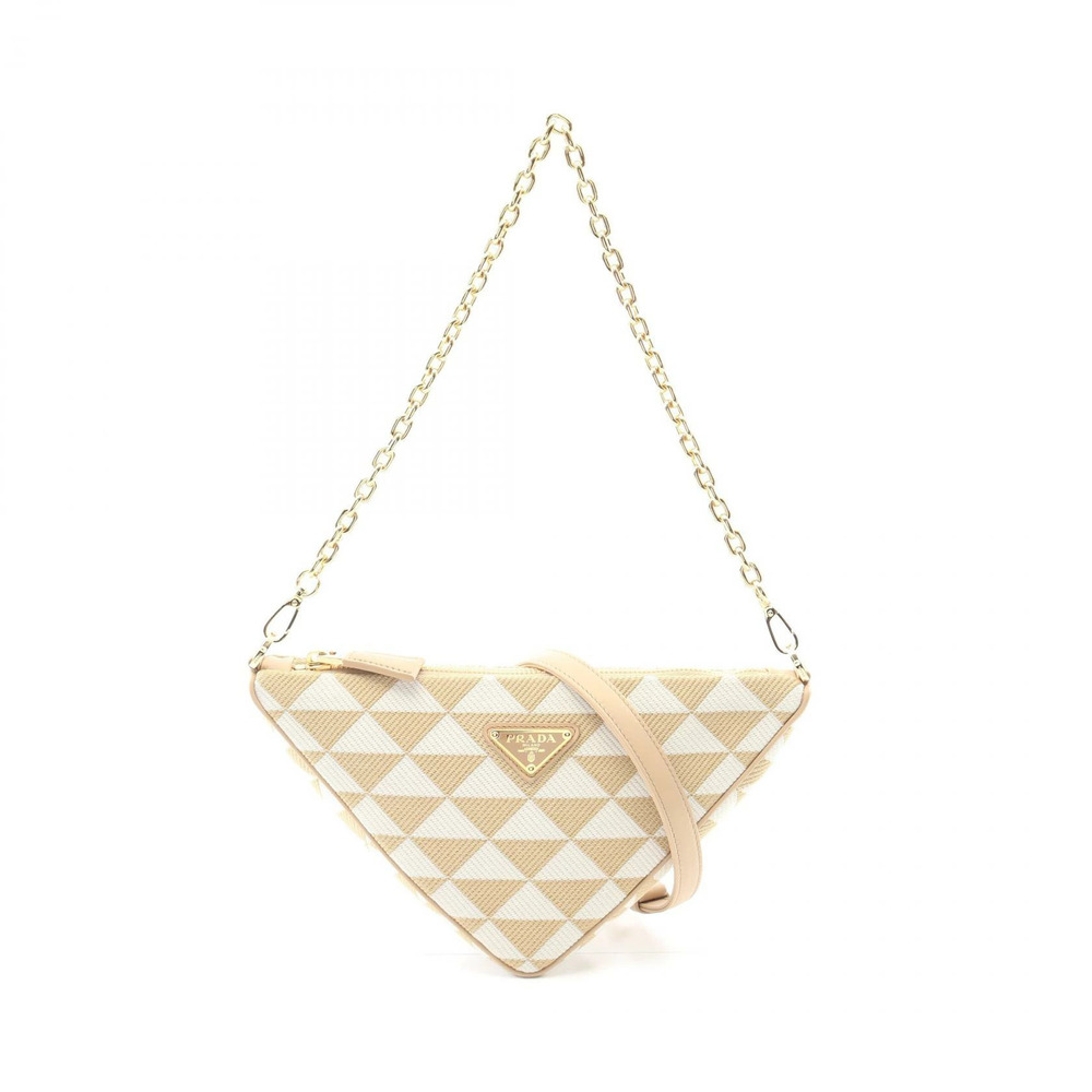 Prada TRIANGOLO JACQU Triangle Shoulder Bag Canvas Leather White Beige